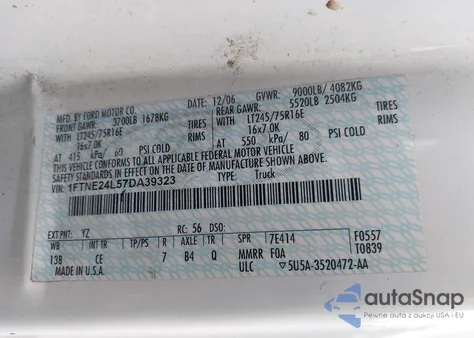 2007 Ford E-250 Commercial/Recreational z USA, uszkodzony, nr VIN 1FTNE24L57DA39323